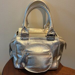 Regina Italian leather gold/ silver metallic satchel Futuristic  silvertone NWOT